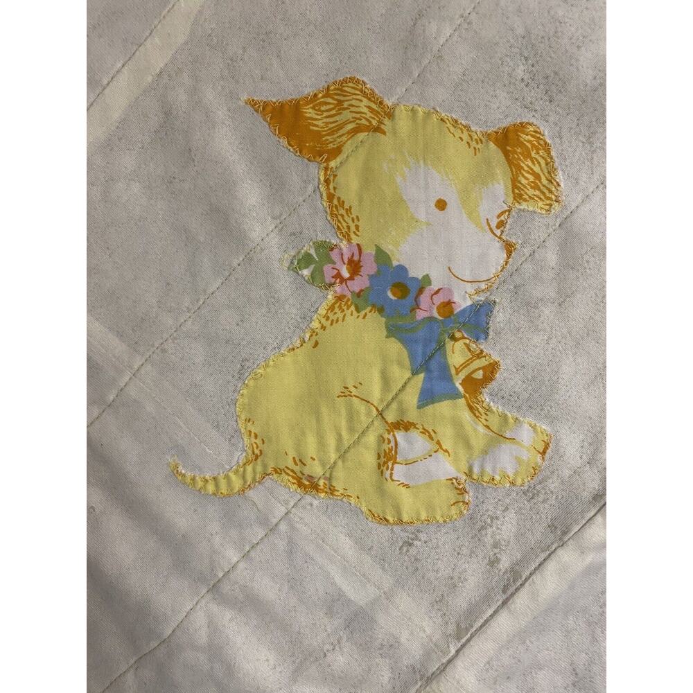 Antique Baby Blanket With Animal Appliqué Yellow Dog Duck Mouse Bird Vintage Old